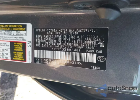 2011 Toyota Camry Se из США, поврежденный, VIN 4T1BF3EK9BU664694